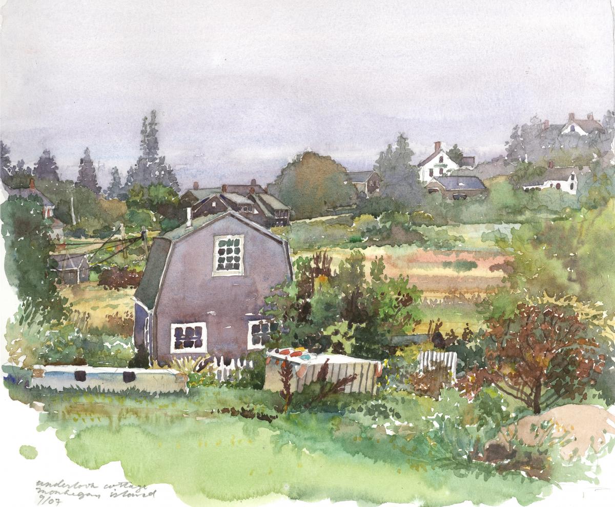 Monhegan Island Cottage - en plein air watercolor landscape painting by Frank Costantino