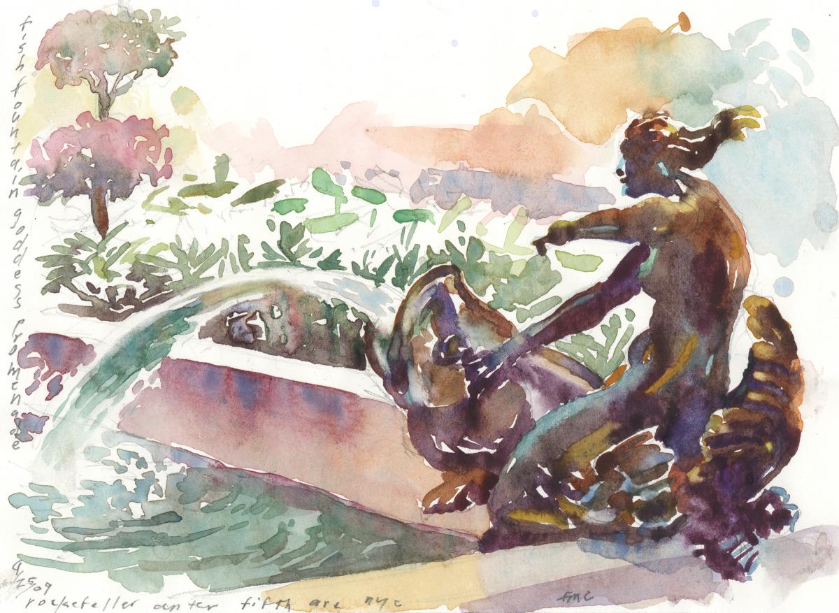 5th Ave Mermaid - watercolor painting of sculpture by Frank Costantino