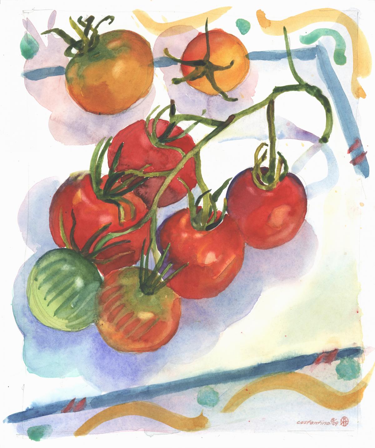 A simple study in reds and oranges, with greens, of an end of season patio tomato vine, showing the varied color stages of ripeness. The playful borders tied the composition together.