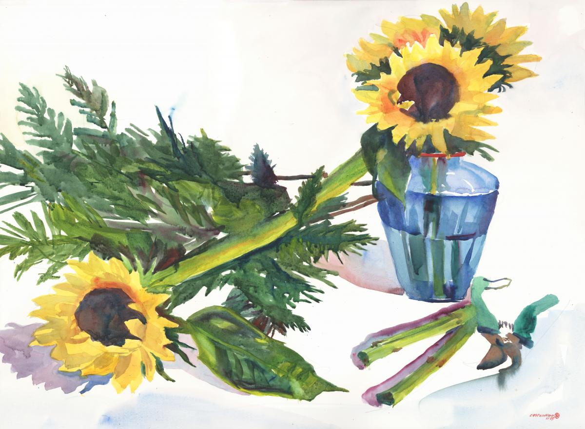 Arrangement in Green, Yellow & Blue - watercolor floral painting by Frank Costantino