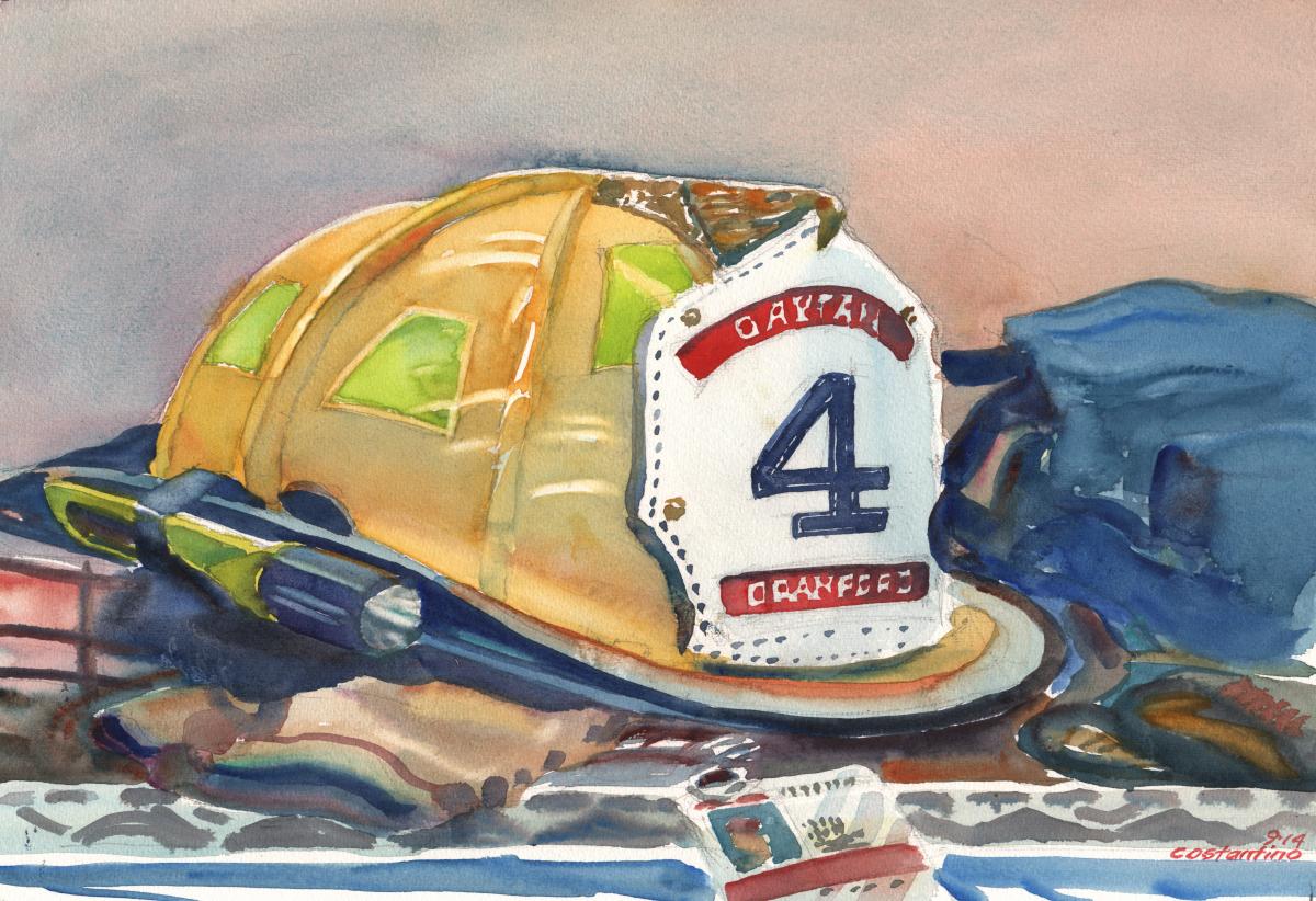 At The Ready - watercolor painting of firefighters helmet by Frank Costantino