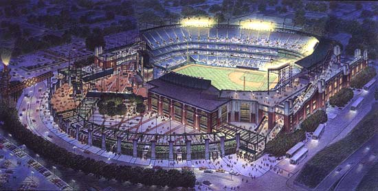 Atlanta Braves, Turner Field, Atlanta, Georga - colored pencil architectural illustration rendering by Frank Costantino