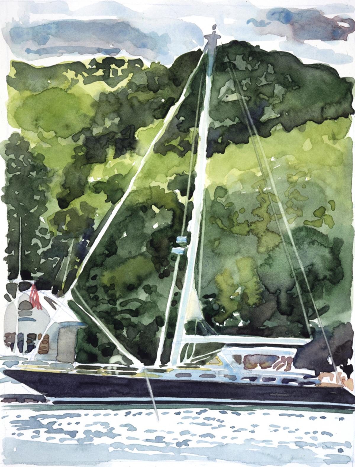 Black Sloop- Boothbay - en plein air watercolor landscape maritime painting by Frank Costantino