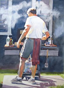 Blessed Brother Bills BBQ - watercolor figure painting by Frank Costantino