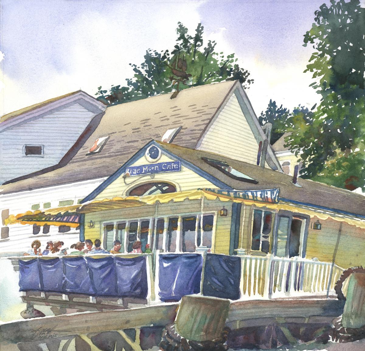 Blue Moon Cafe - en plein air watercolor landscape building painting by Frank Costantino