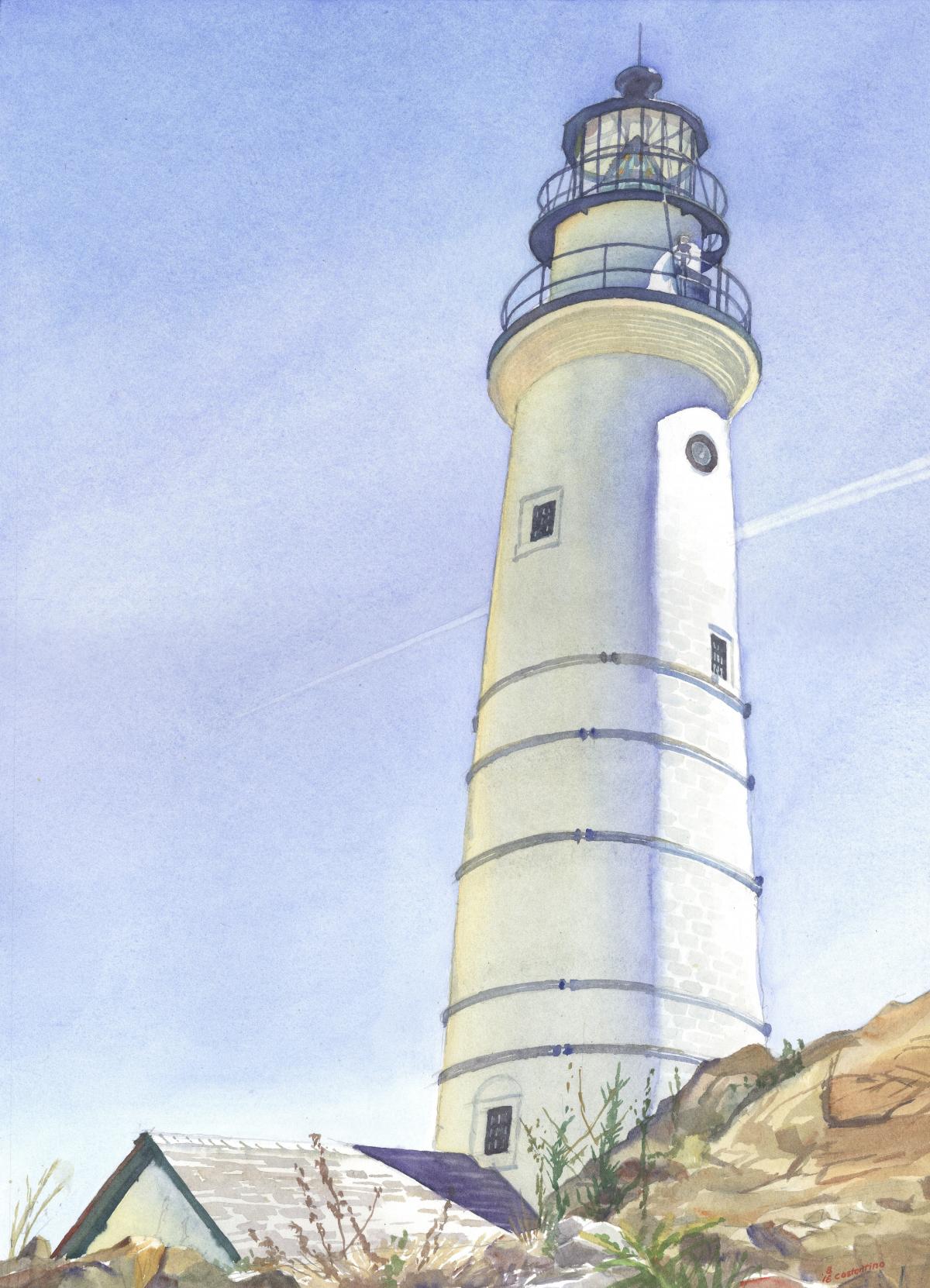 Boston Light Americas First 1716 - watercolor maritime lighthouse painting by Frank Costantino
