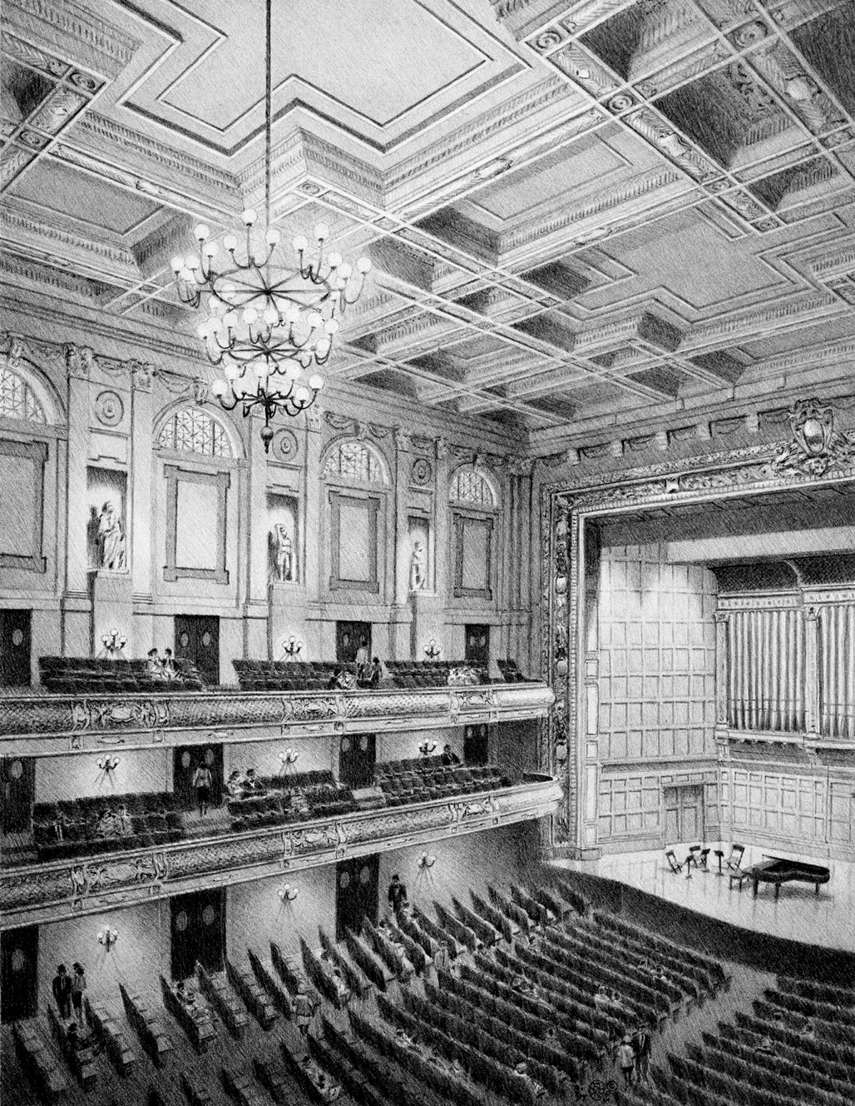 Boston Symphony Hall - black & white architectural illustration drawing by Frank Costantino