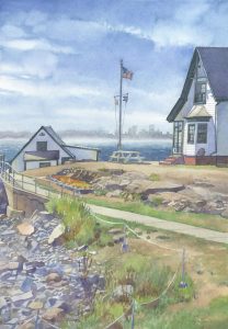 Cities Gatekeeper Boston Light - en plein air watercolor painting lighthouse seascape by Frank Costantino