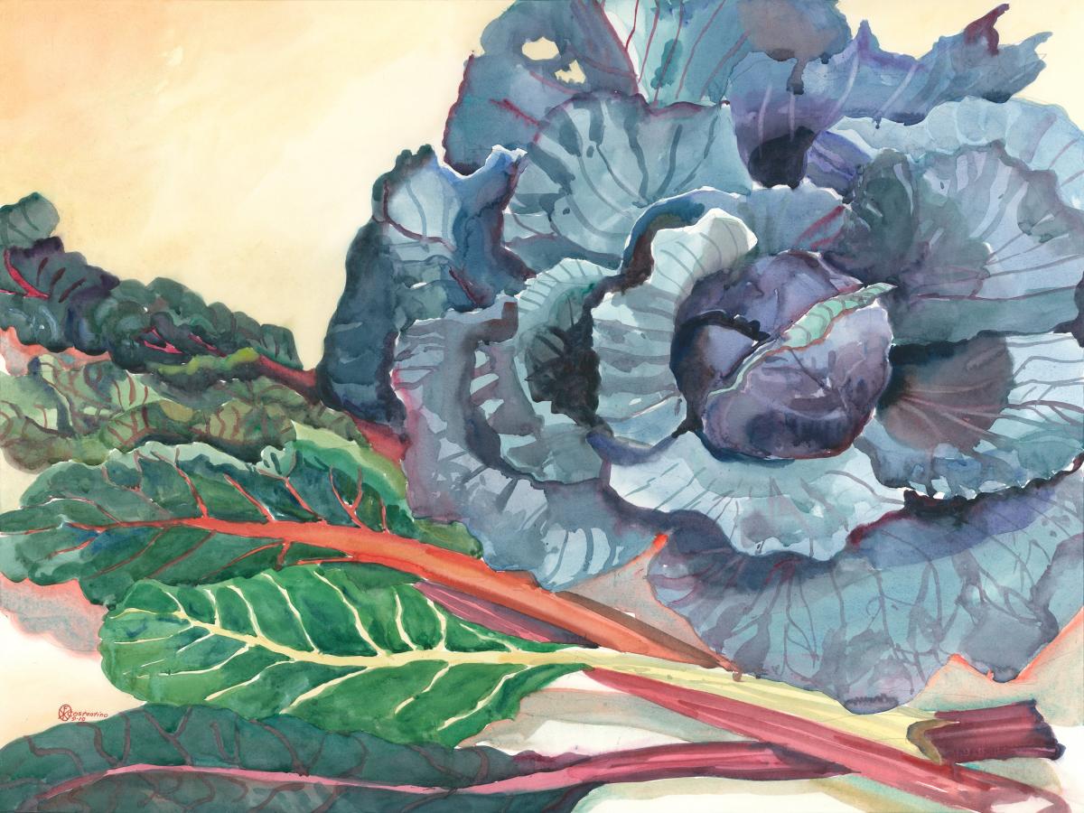Color Concerto in Cabbage & Swiss Chard – watercolor still life painting by Frank Costantino Color Concerto in Cabbage & Swiss Chard - watercolor still life painting by Frank Costantino
