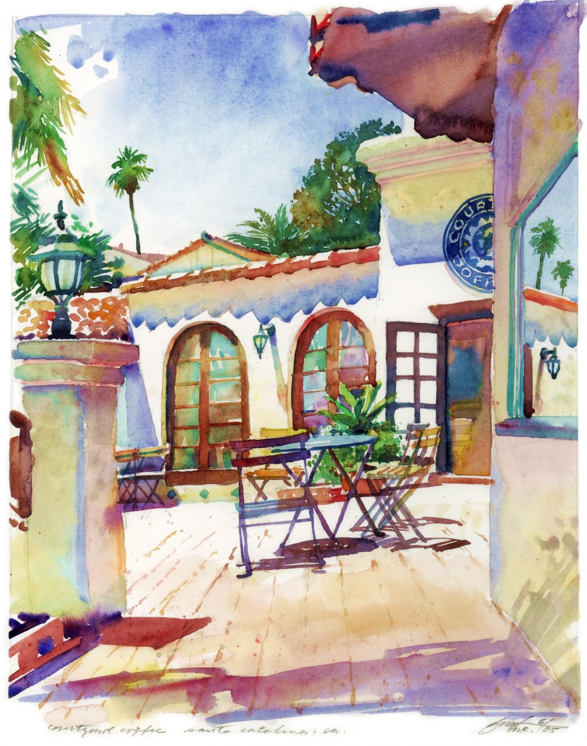Courtyard Cafe - watercolor landscape painting by Frank Costantino