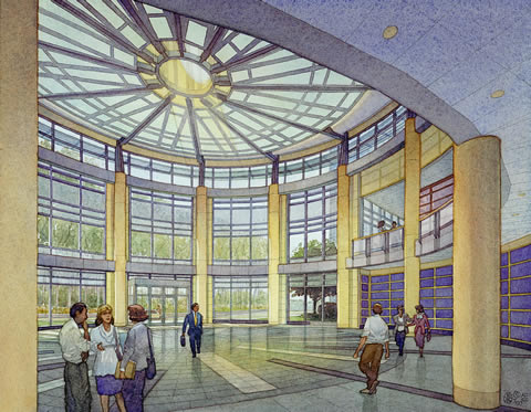 Cox Corp. Headquarters, North Carolina - watercolor architectural illustration rendering by Frank Costantino