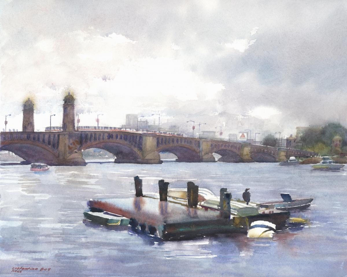 Drifting Raft on a Drizzly Day near Longfellow Bridge - en plein air watercolor painting of river and bridge