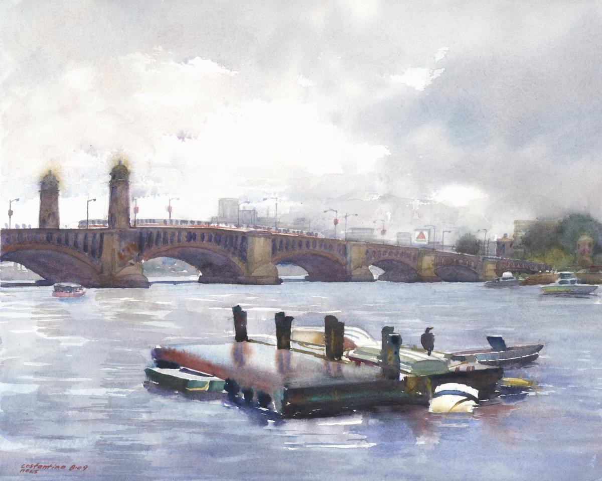 Drifting Raft on a Drizzly Day near Longfellow Bridge – en plein air watercolor painting of river and bridge Drifting Raft on a Drizzly Day near Longfellow Bridge - en plein air watercolor painting of river and bridge
