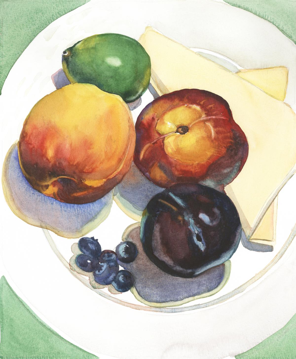 A deliberate, controlled exercise in detail and finesse of fruit surfaces, each of the colors, values, and textures of one fruit was completed in one sequence of brushwork.