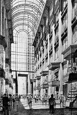 Fan Pier Galleria_HonorAward_AIP_III - black and white architectural illustration rendering by Frank Costantino