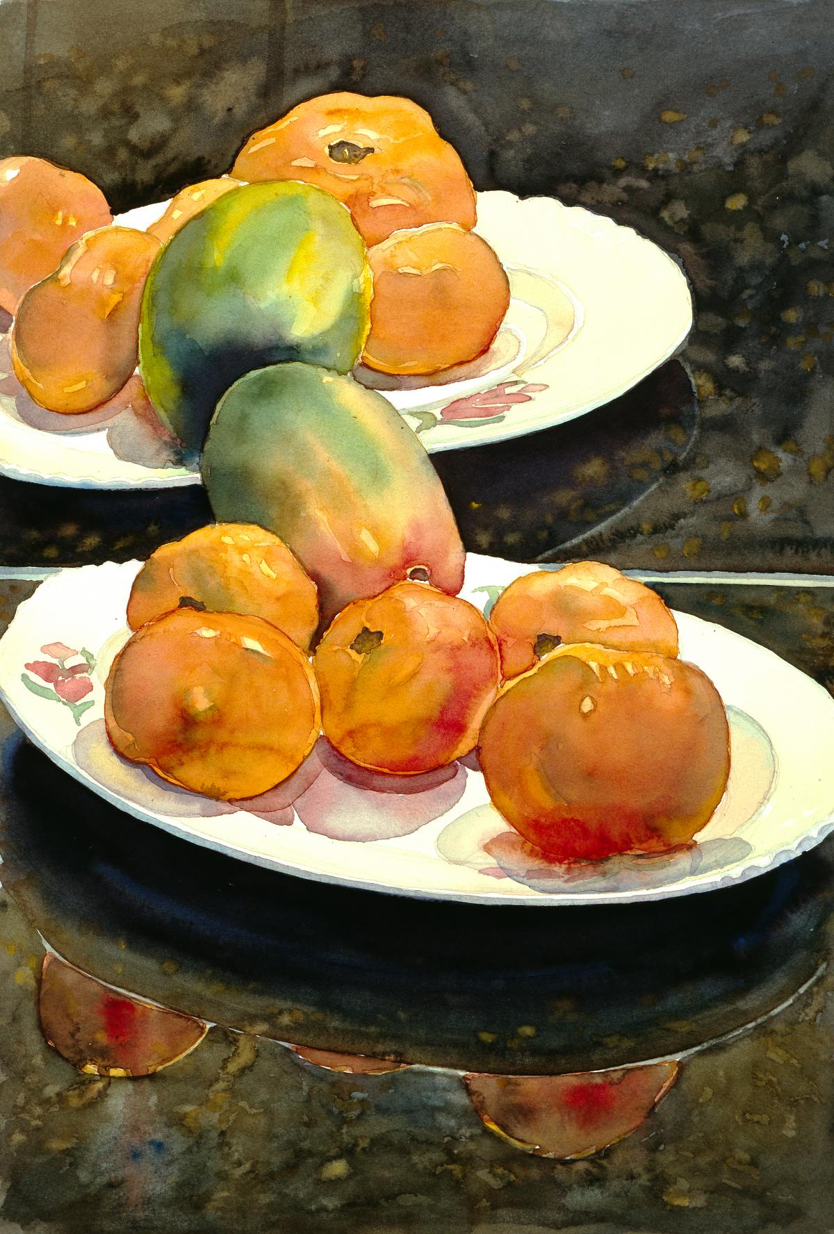 Garden Fruit Reflected - watercolor still life painting by Frank Costantino