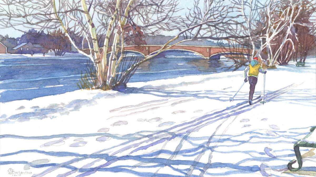 Gliding the Charles - watercolor landscape painting by Frank Costantino