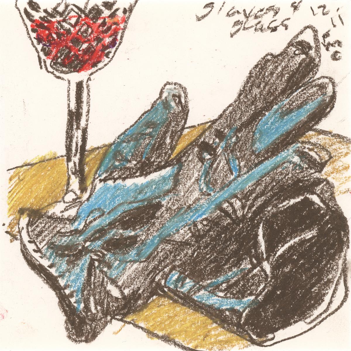 Gloves Worn II -oil pastel still life drawing by Frank Costantino