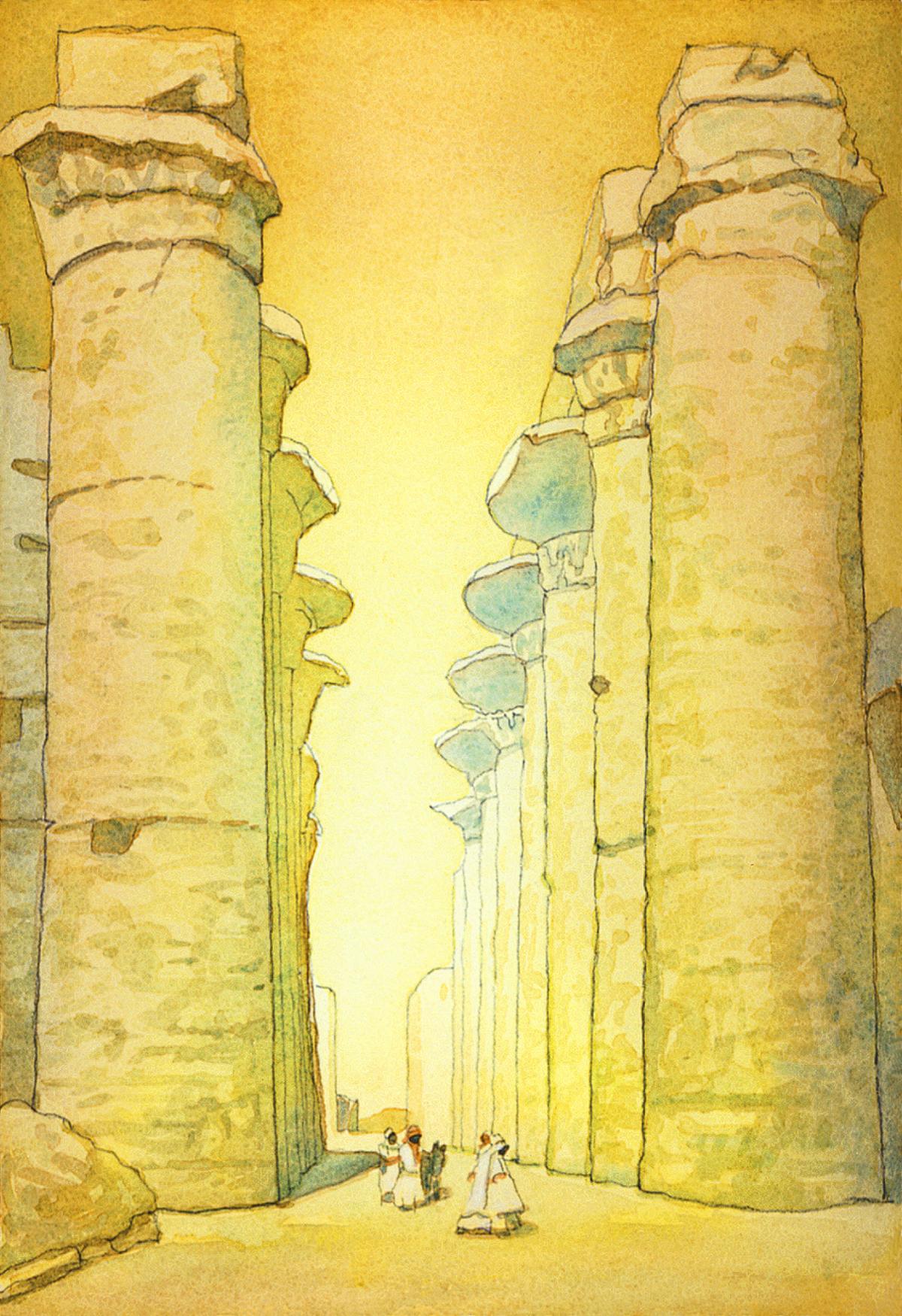 Great Temple at Karnak- after J. Guerin - watercolor landscape painting by Frank Costantino