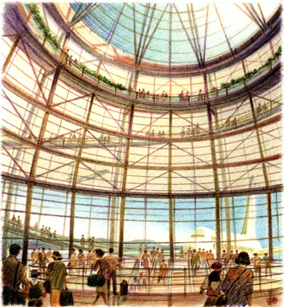 Hanada Airport, Nagoya Japan - colored pencil architectural illustration rendering by Frank Costantino