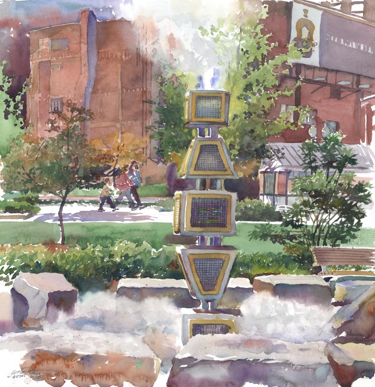Harbor Fog Sculpture - RFK Greenway - en plein air watercolor landscape painting with sculpture by Frank Costantino