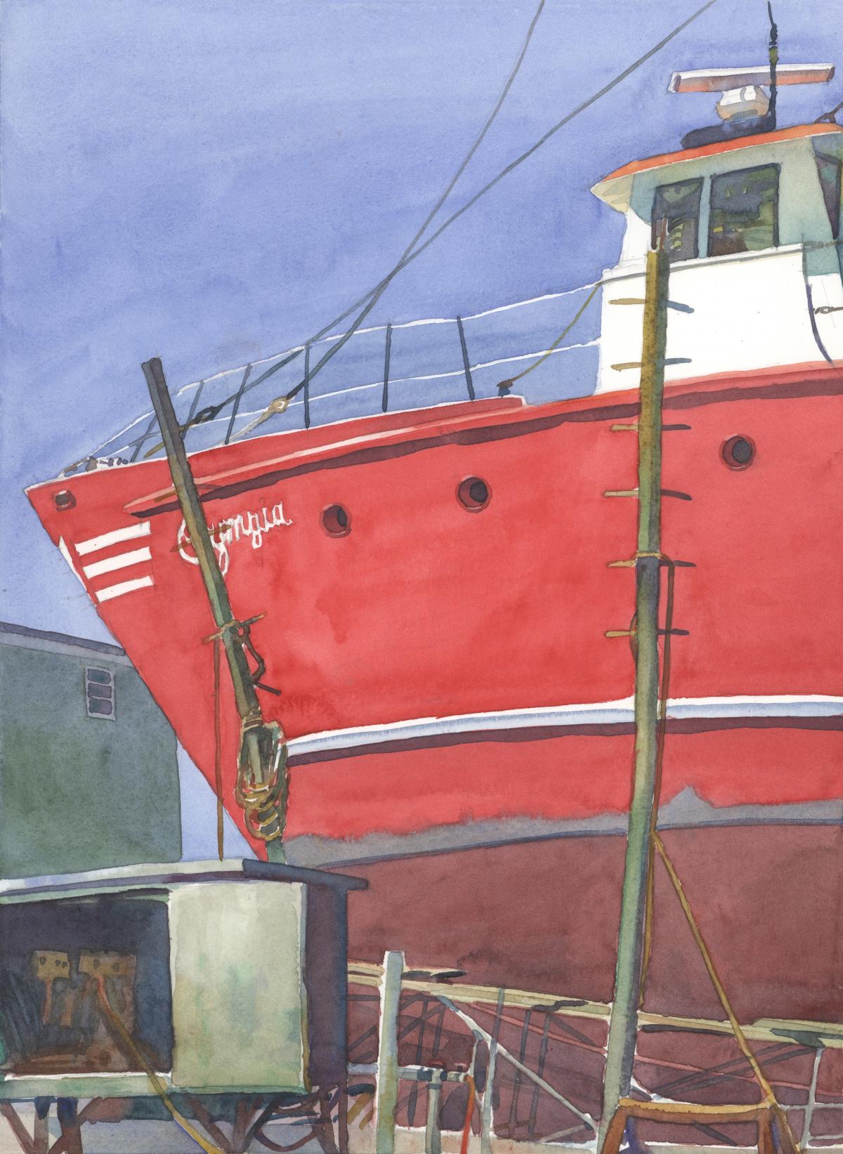 High & Dry Docked - en plein air watercolor painting of boat in drydock by Frank Costantino