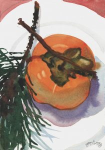 Holiday's Persimmon & Pine - watercolor still life painting by Frank Costantino