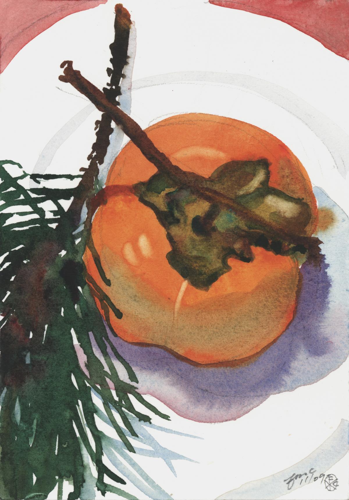 Holiday’s Persimmon & Pine – watercolor still life painting by Frank Costantino Holiday's Persimmon & Pine - watercolor still life painting by Frank Costantino