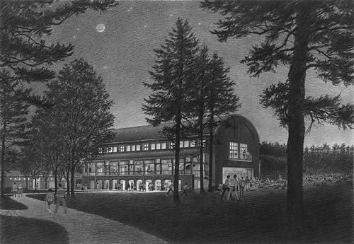 Seiji Ozawa Concert Shed, Tanglewood, MA - black and white pencil architectural illustration rendering by Frank Costatino
