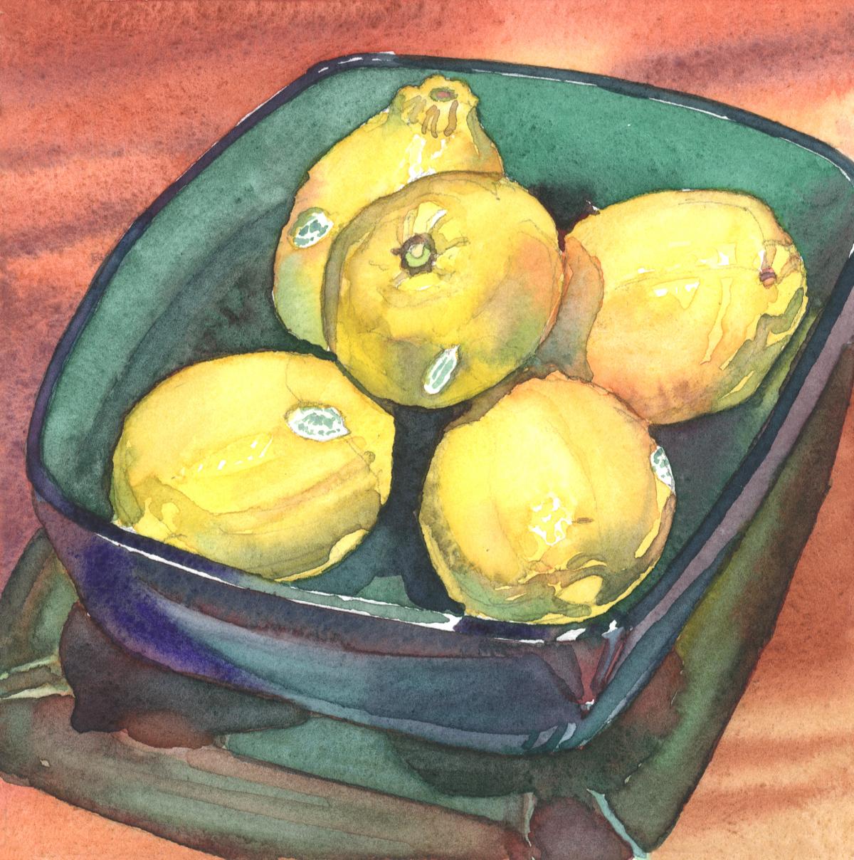 Jade Lemon Bowl - watercolor still life painting by Frank Costantino