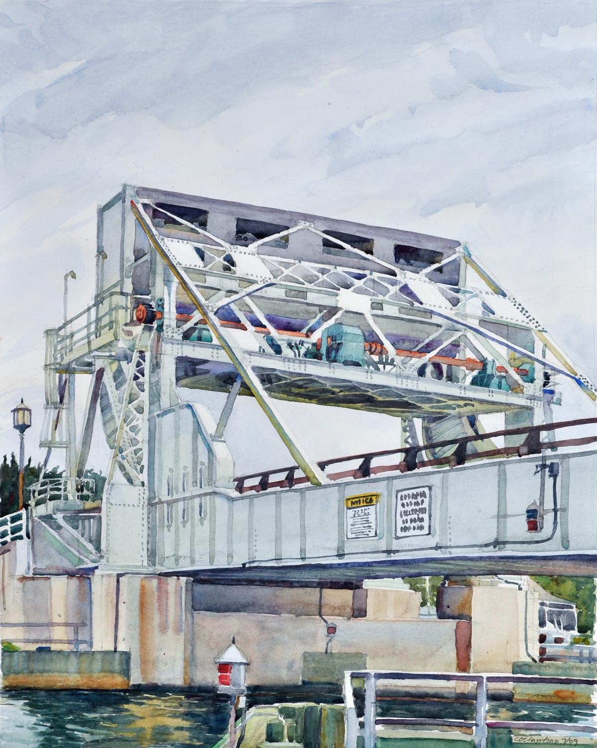 Knapp Narrows Transit - en plein air watercolor landscape painting of bridge by Frank Costantino