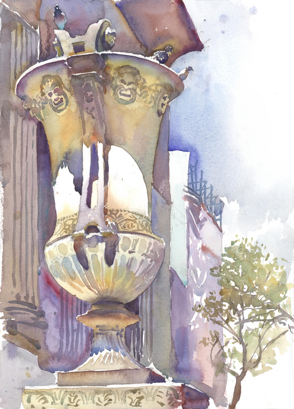 Library's Urn - en plein air watercolor painting of sculpture by Frank Costantino