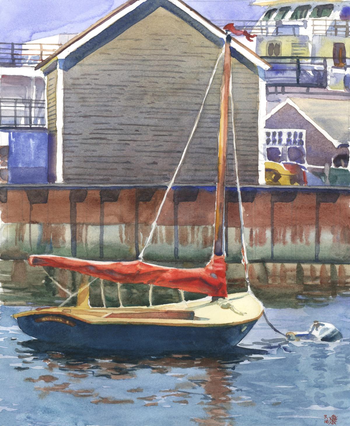 LittleHarborSkiffACK Little Harbor Skiff - watercolor painitng of boat on nantucket by Frank Costantino