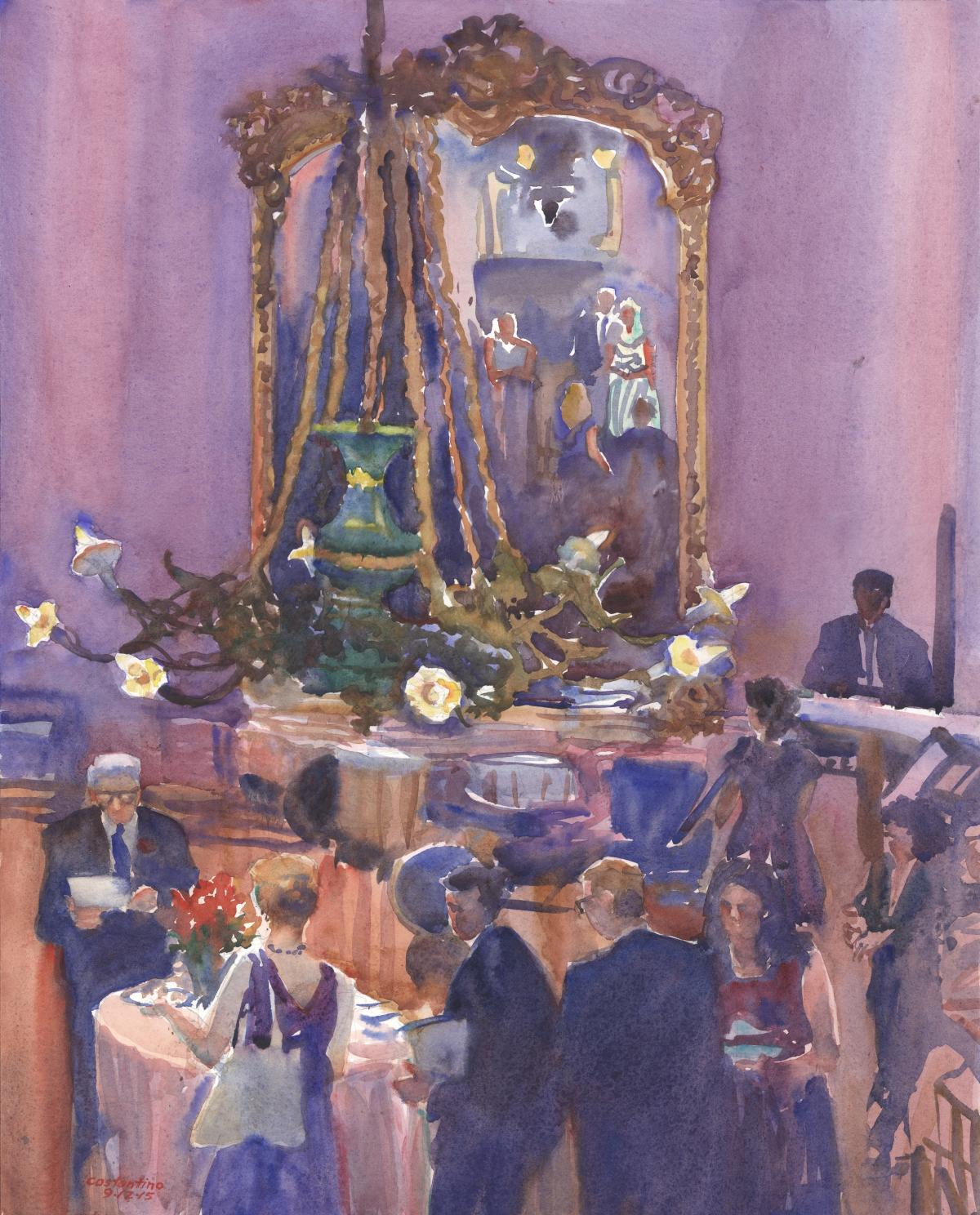 Lively Holliday Reception - watercolor painting commission for wedding by Frank Costantino