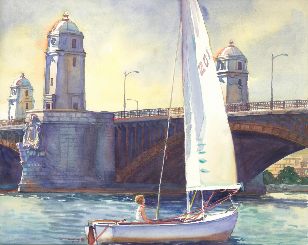 Longfellow's Sentinels, Boston MA - en plein air watercolor landscape painting of bridge architecture by Frank Costantino