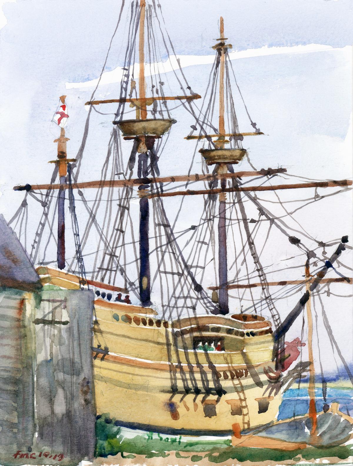 Mayflower Berthed - en plein air watercolor seascape painting of ship by FrankCostantino