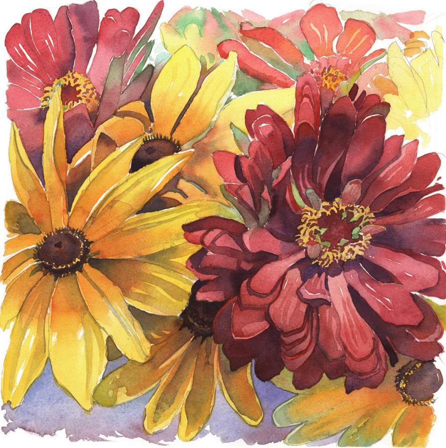 Meditation on Magenta- Zinnia & Sunflower – watercolor floral painting by Frank Costantino Meditation on Magenta- Zinnia & Sunflower - watercolor floral painting by Frank Costantino
