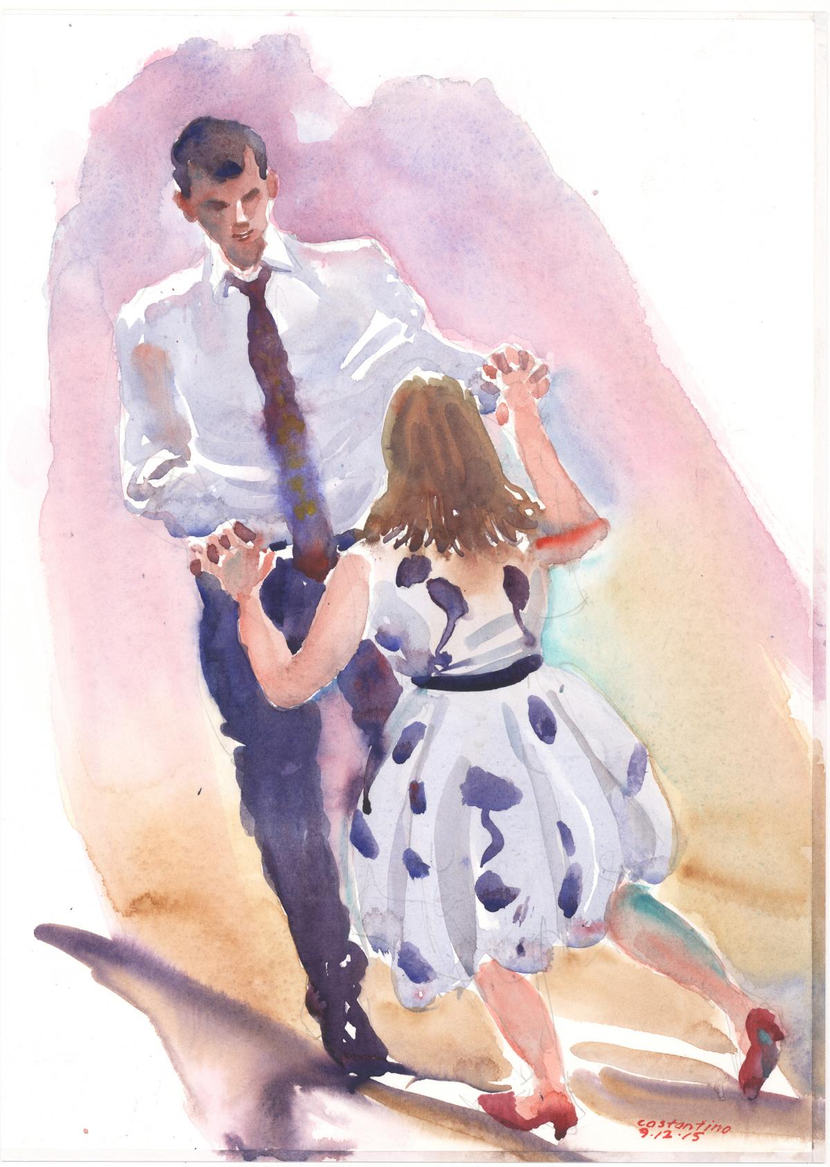 Mum & Son Holliday – watercolor painting commission of figures dancing by Frank Costantino Mum & Son Holliday - watercolor painting commission of figures dancing by Frank Costantino