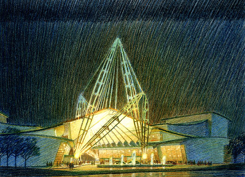 North Carolina Performing Arts Institute, Research Triangle - colored pencil architectural illustration rendering by Frank Costantino