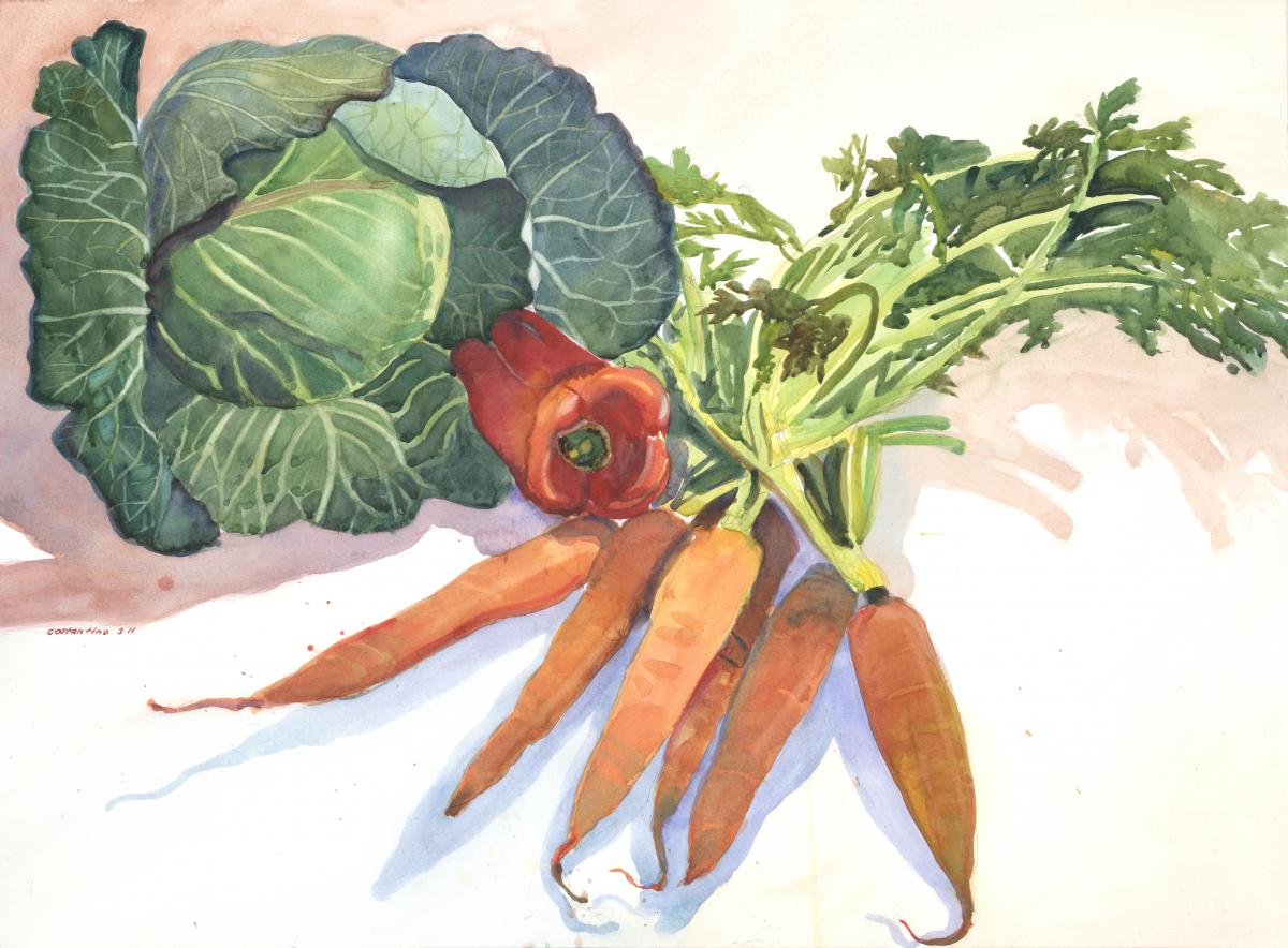 Orange, Red & Green Garden Bounty - watercolor still life painting by Frank Costantino