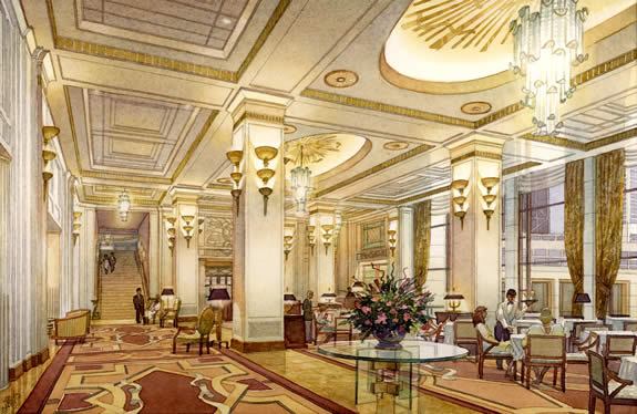 Peninsula Hotel Lobby, Chicago - watercolor architectural illustration rendering by Frank Costantino