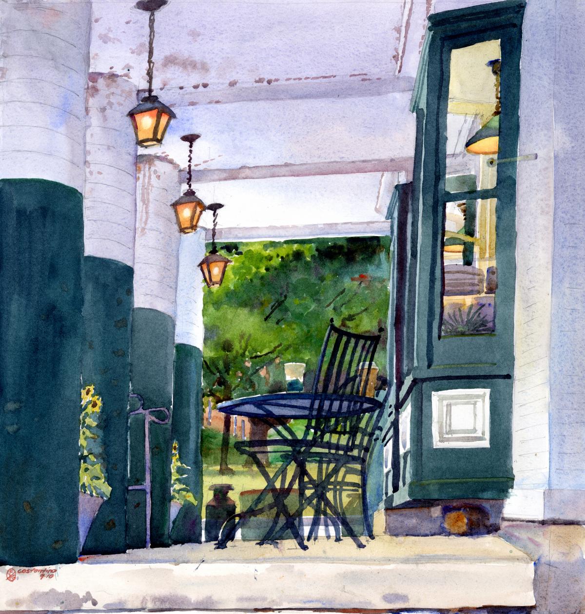 Pickin' Up Lunch- Powers Market - en plein air watercolor landscape building painting by Frank Costantino