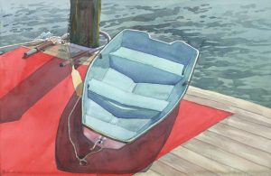 Piered Tender - watercolor maritime painting of boat and water by Frank Costantino