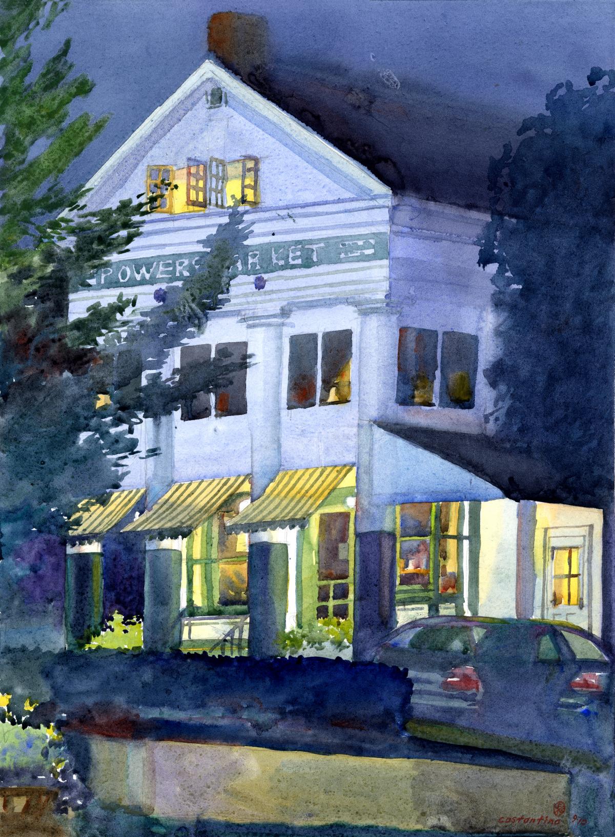 Porch Light Study- Powers Market - en plein air watercolor landscape building painting by Frank Costantino