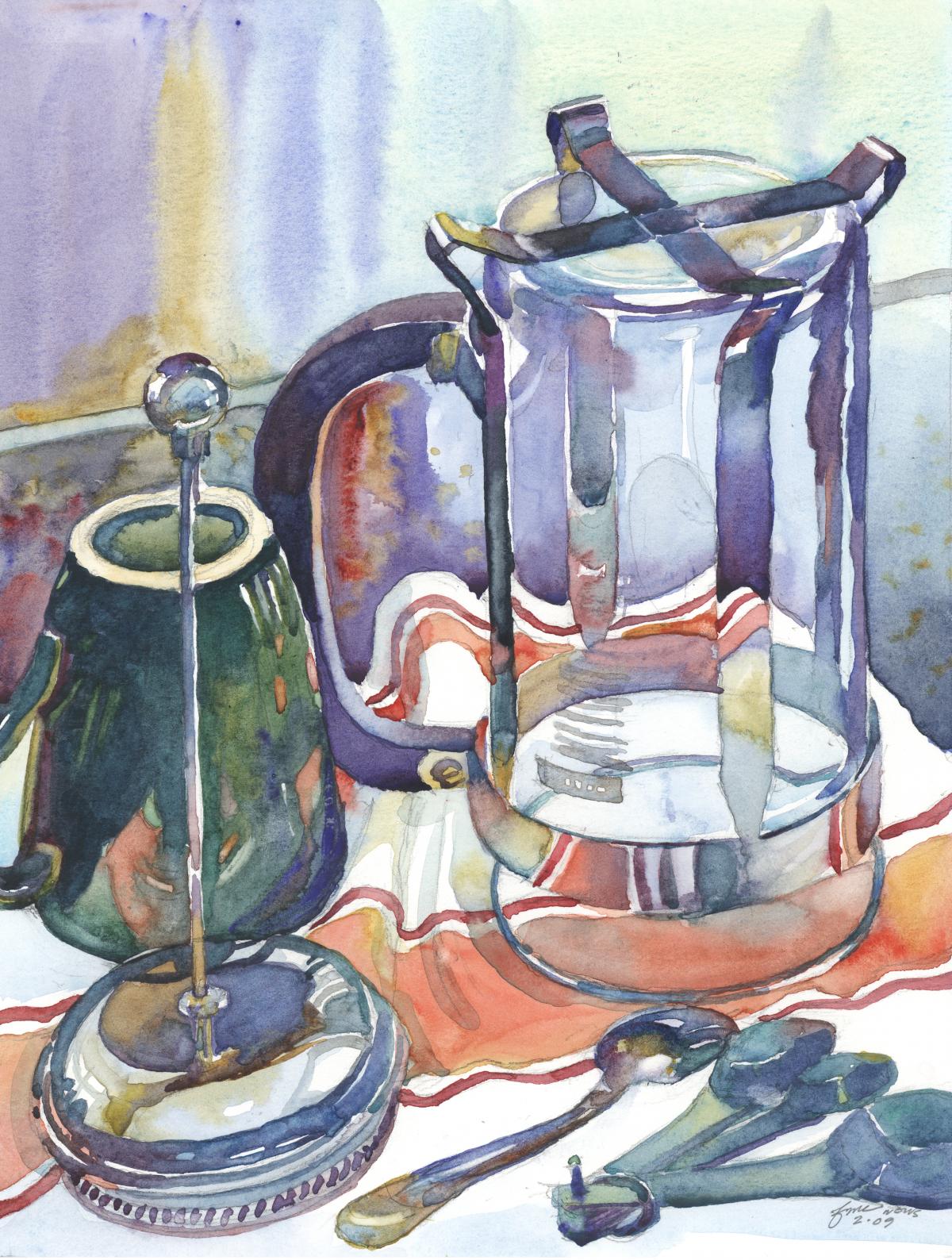 Post-Caffeinated - watercolor still life painting by Frank Costantino