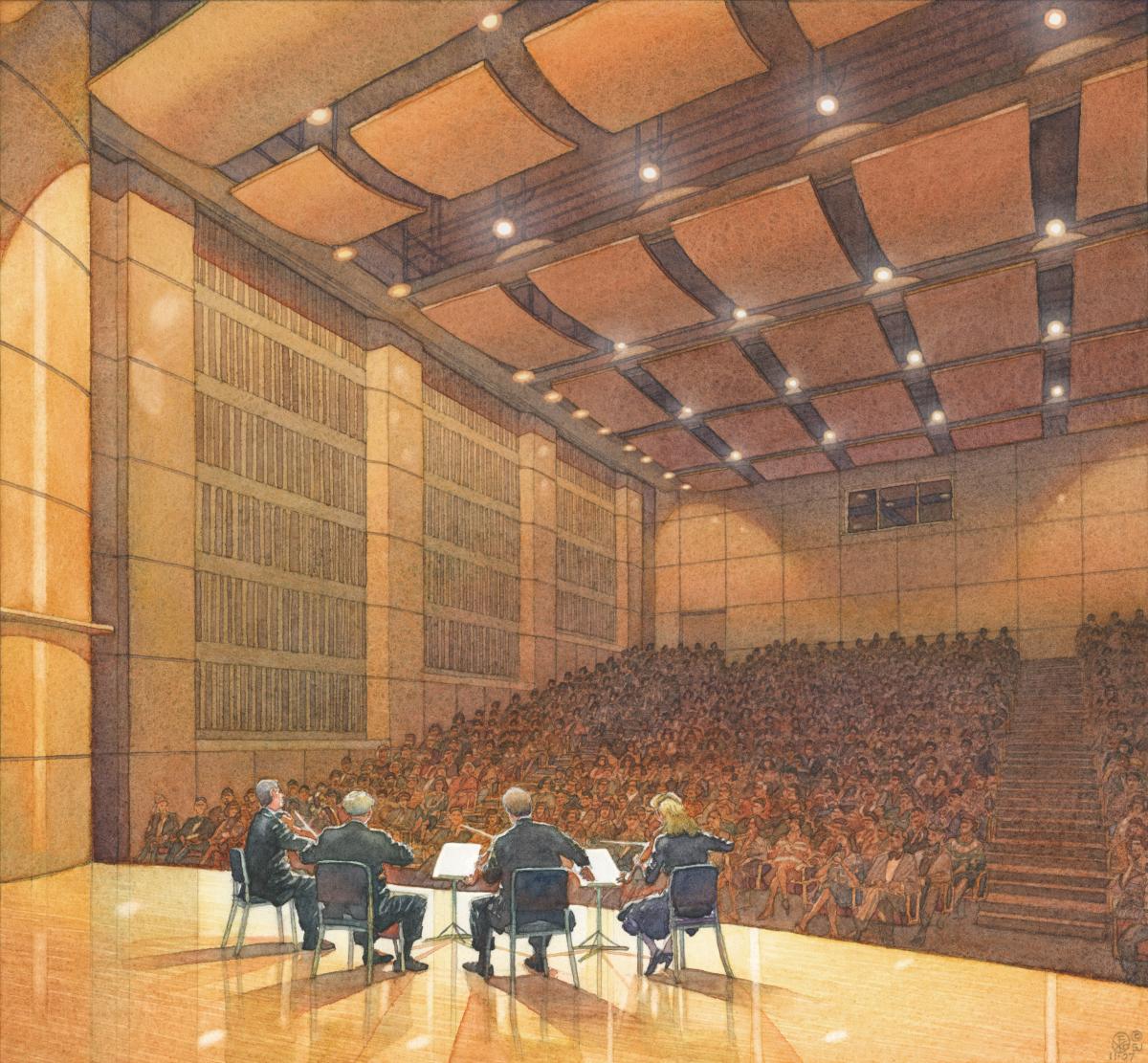 Quartet on Stage - watercolor architectural illustration interior by FrankCostantino