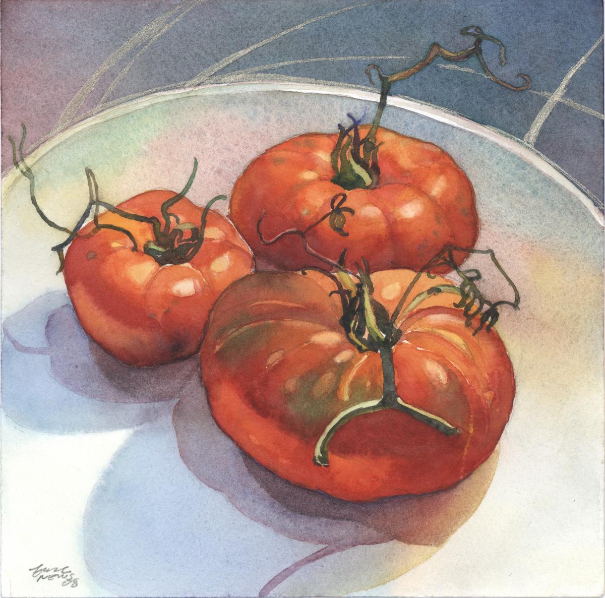 Ripening Tomato Trio - watercolor still life painting by Frank Costantino