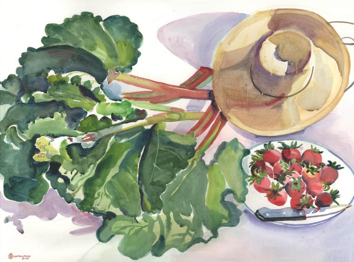 Rondo in Rhubarb and Berries - watercolor still life painting by Frank Costantino