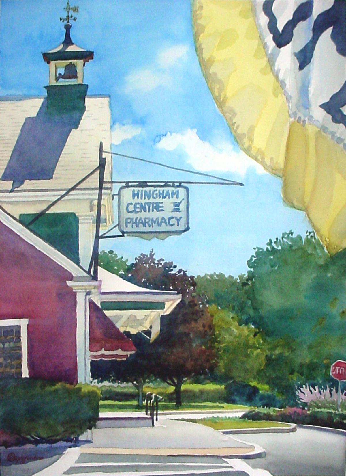 Saturday's Shadow- Centre Pharmacy - en plein air watercolor landscape building painting by Frank Costantino