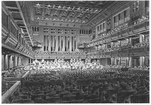 Seiji Ozawa Concert Shed - Interior, Tanglewood MA -black and white architectural illustration rendering by Frank Costantino